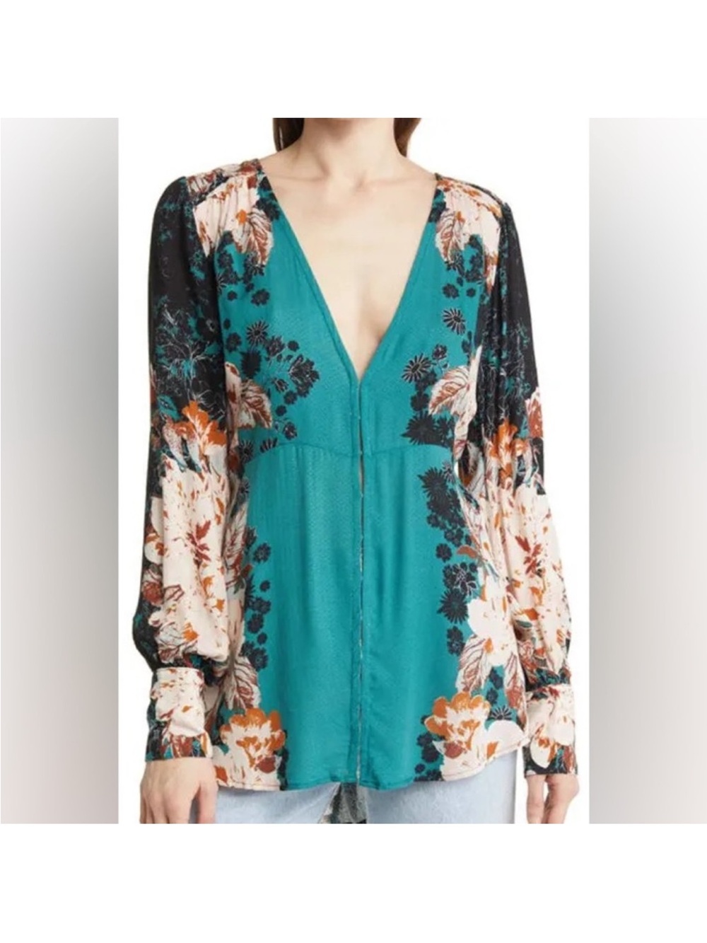 Free People Teal Floral Plunge Button-Down Top - Picture 2 of 7